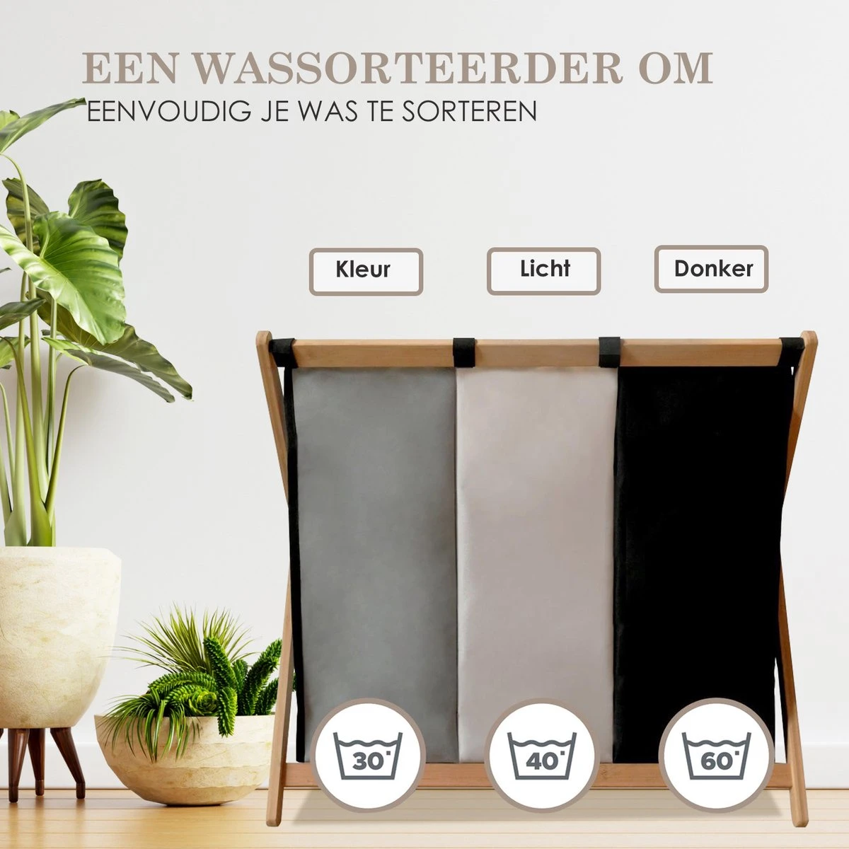 MIRI Wasmand 3 Vakken BAMBOE – Wassorteerder – Hout – Opvouwbaar – Wasbox – 105L – Gratis Schroevendraaier – Wasmanden – Laundry Basket - Image 2
