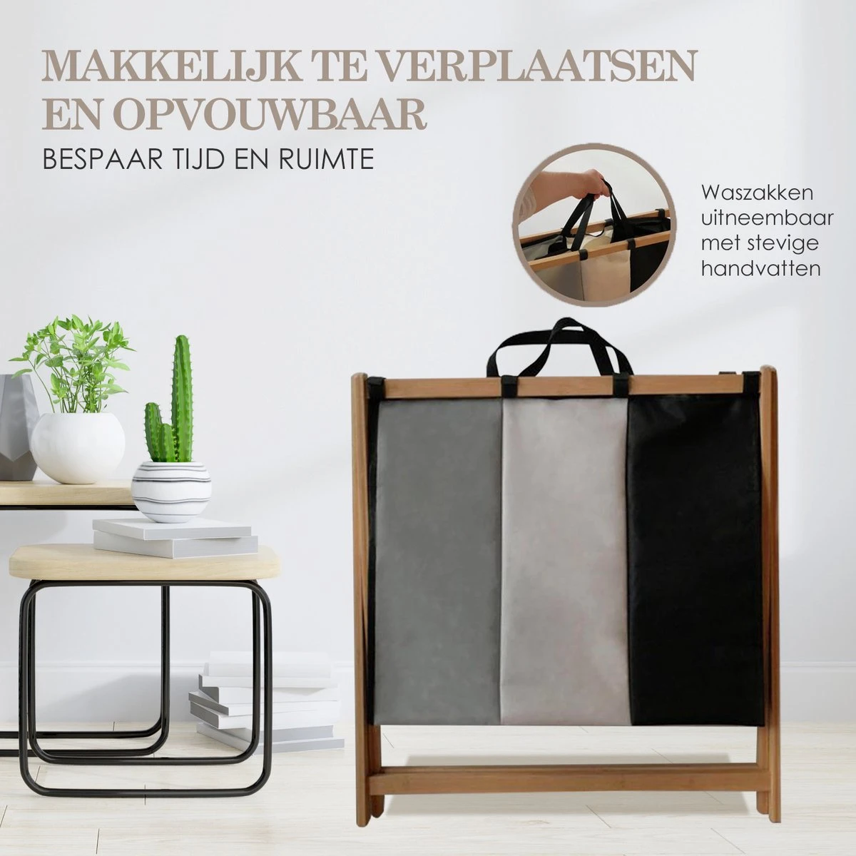 MIRI Wasmand 3 Vakken BAMBOE – Wassorteerder – Hout – Opvouwbaar – Wasbox – 105L – Gratis Schroevendraaier – Wasmanden – Laundry Basket - Image 4