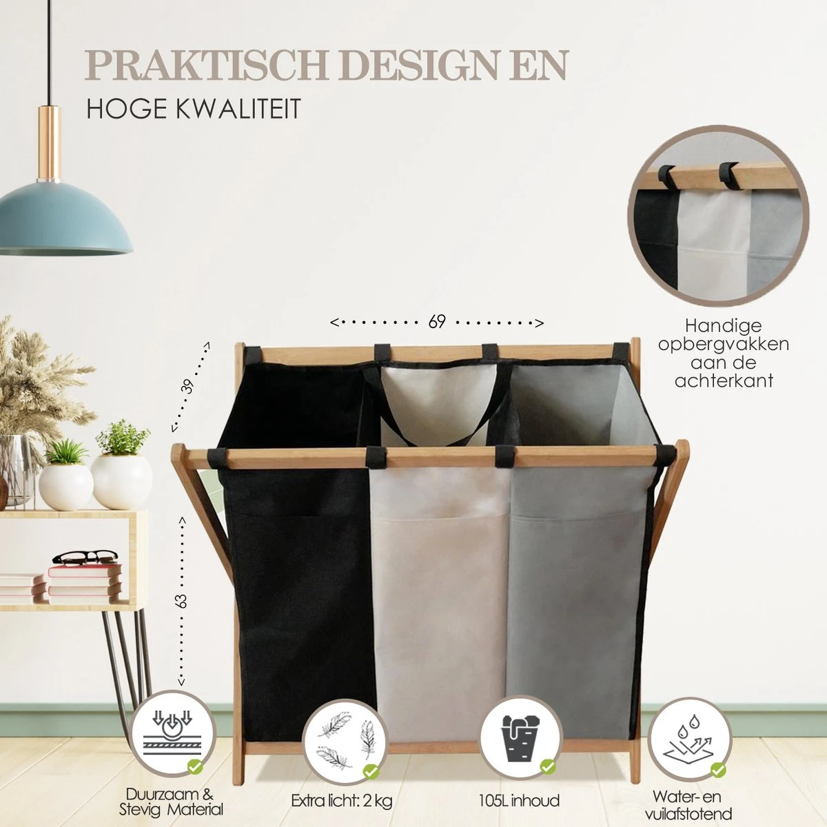 MIRI Wasmand 3 Vakken BAMBOE – Wassorteerder – Hout – Opvouwbaar – Wasbox – 105L – Gratis Schroevendraaier – Wasmanden – Laundry Basket - Image 5