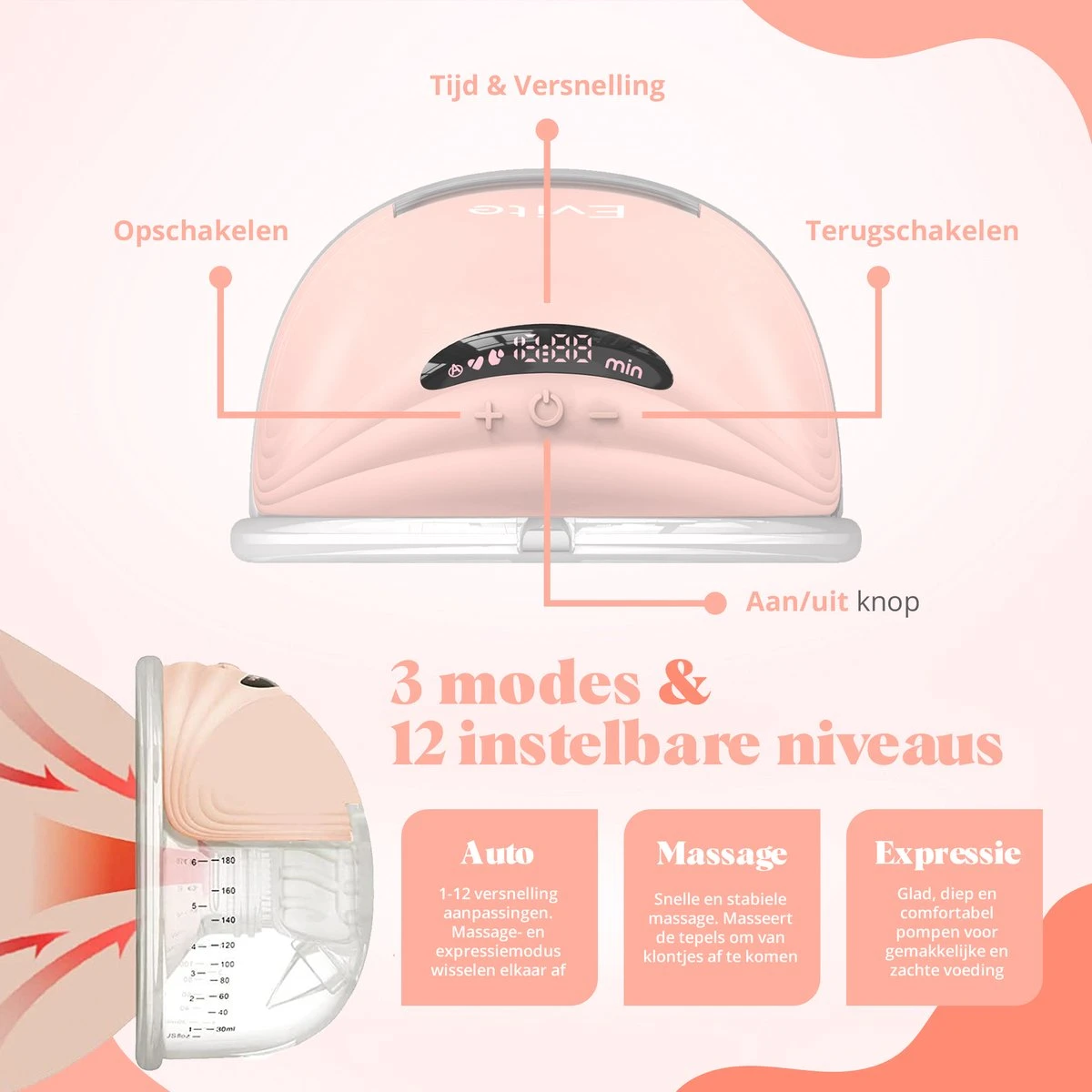 Evite Elektrische Draadloze Borstkolf – Handsfree & Draagbaar – BPA-Vrij – Dubbele Borstkolf – Met E-Book - Roze - Image 3