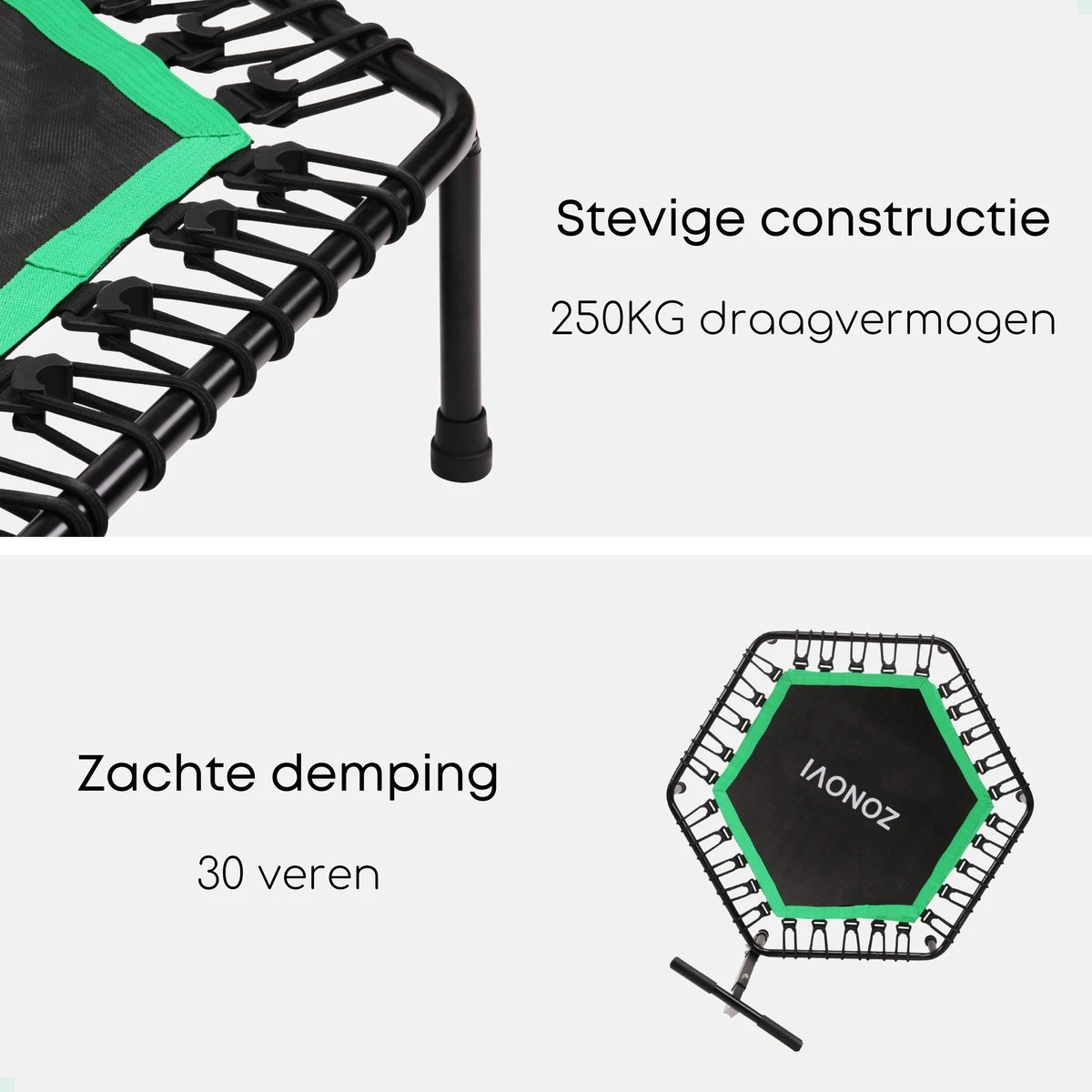 Zonovi Fitness Trampoline 250 Kilo – Mini Trampoline – Kleine Trampoline – Sport Trampoline – Met Elastieken – Zwart – Groen – 106 Cm – 42 Inch. - Image 5