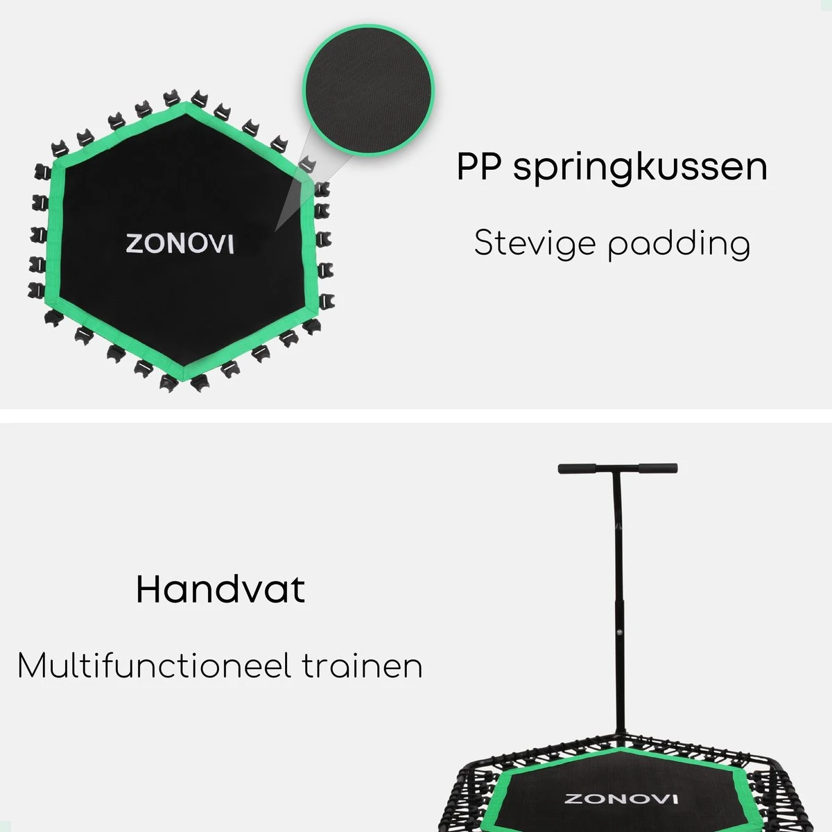 Zonovi Fitness Trampoline 250 Kilo – Mini Trampoline – Kleine Trampoline – Sport Trampoline – Met Elastieken – Zwart – Groen – 106 Cm – 42 Inch. - Image 6