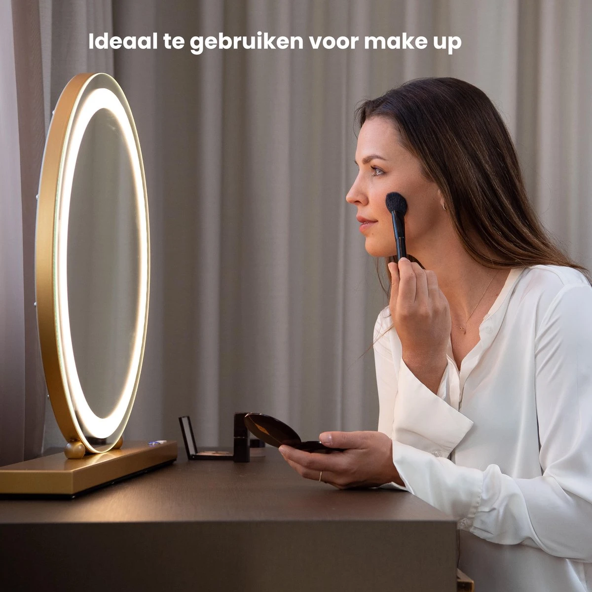 Nuvoo Make-up Spiegel - Visagie Spiegel - Hollywood Spiegel - Diameter 50cm - 3 Licht Tinten - Dimbaar - USB Telefoonoplader - Goud - Image 2