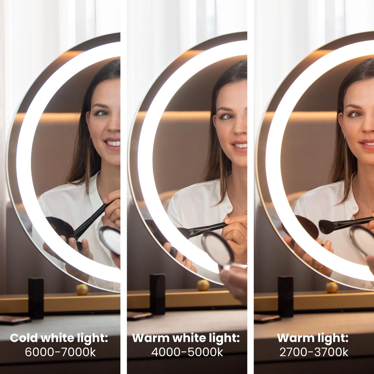 Nuvoo Make-up Spiegel - Visagie Spiegel - Hollywood Spiegel - Diameter 50cm - 3 Licht Tinten - Dimbaar - USB Telefoonoplader - Goud - Image 3