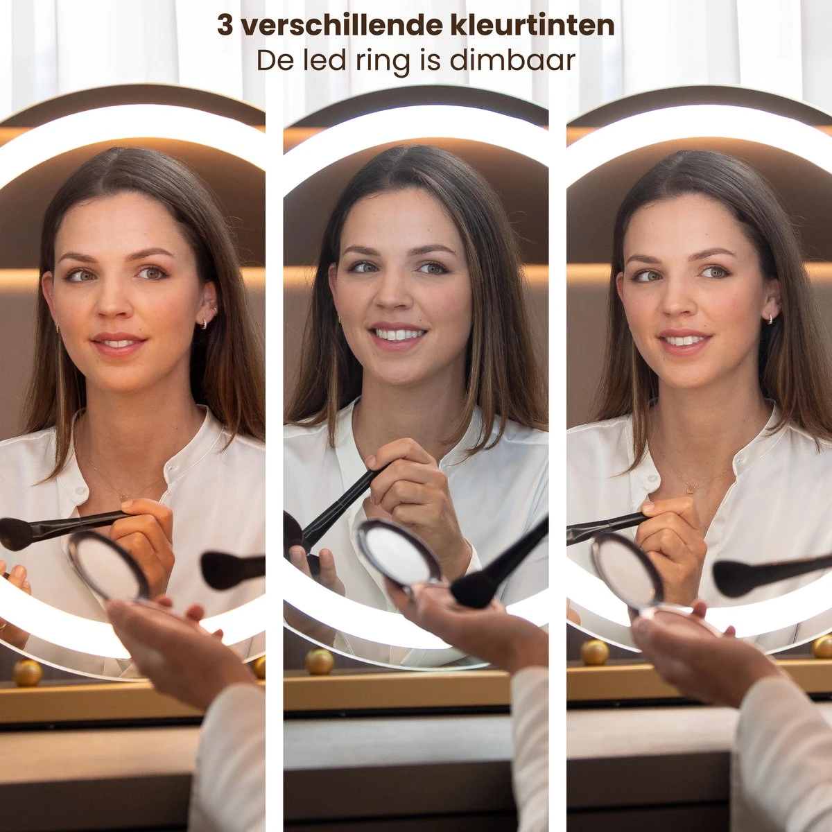 Nuvoo Make-up Spiegel - Visagie Spiegel - Hollywood Spiegel - Diameter 50cm - 3 Licht Tinten - Dimbaar - USB Telefoonoplader - Goud - Image 6