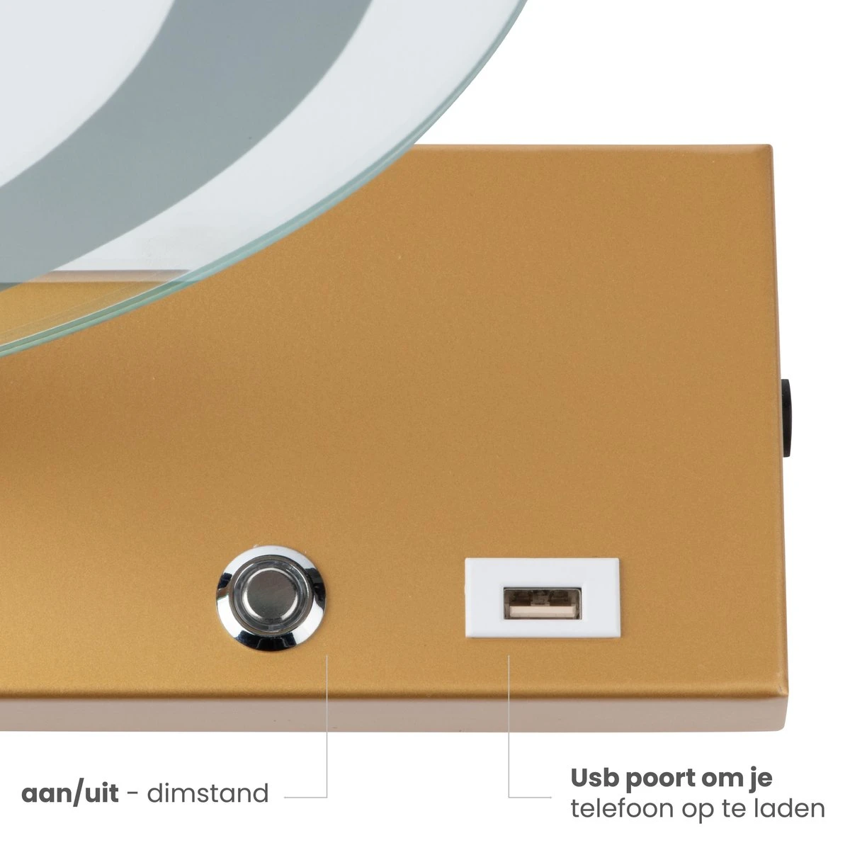 Nuvoo Make-up Spiegel - Visagie Spiegel - Hollywood Spiegel - Diameter 50cm - 3 Licht Tinten - Dimbaar - USB Telefoonoplader - Goud - Image 9