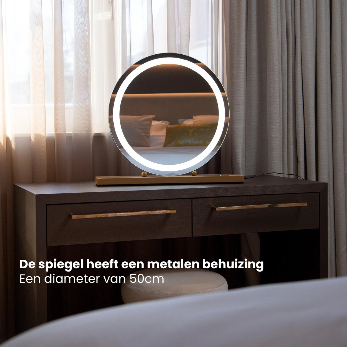 Nuvoo Make-up Spiegel - Visagie Spiegel - Hollywood Spiegel - Diameter 50cm - 3 Licht Tinten - Dimbaar - USB Telefoonoplader - Goud - Image 11