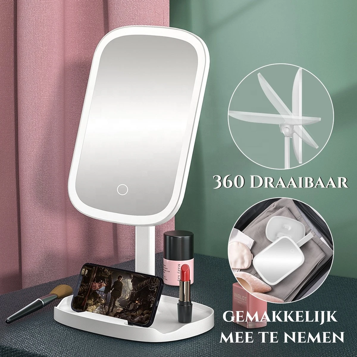 HighHome - Make Up Spiegel Met Led Verlichting - Inclusief 10x Spiegel - 3 Warmtes - 360 °C Draaibaar - Image 4