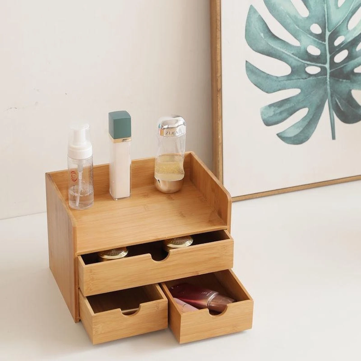 Merkloos Decopatent® Luxe Make-up Organizer Met 3 Lades - Cosmetica Organizer Make Up Met Schuiflade Bamboe Hout - Cosmeticahouder - Toren - Image 2