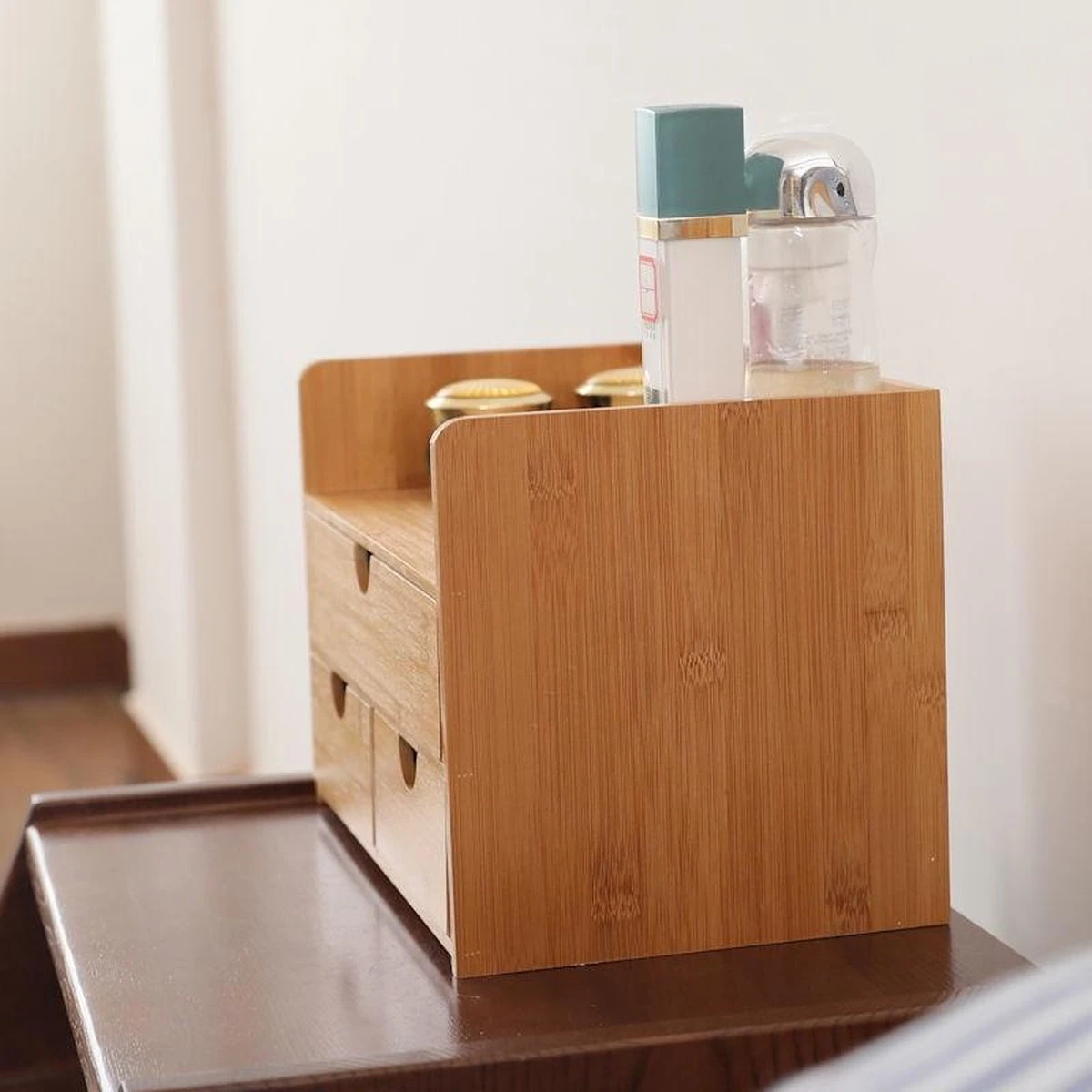 Merkloos Decopatent® Luxe Make-up Organizer Met 3 Lades - Cosmetica Organizer Make Up Met Schuiflade Bamboe Hout - Cosmeticahouder - Toren - Image 3