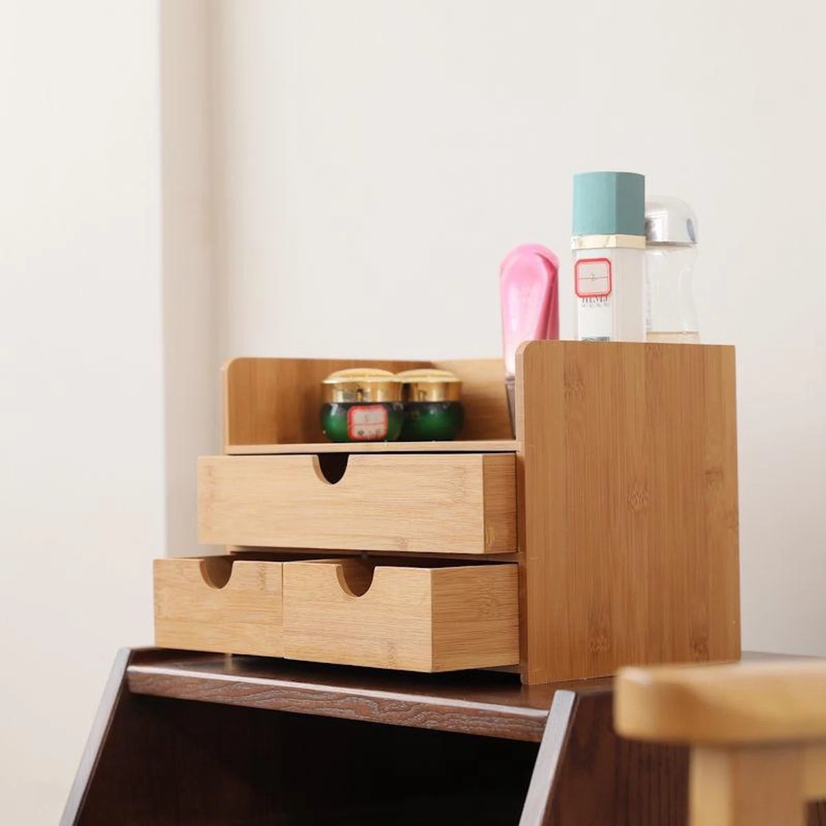 Merkloos Decopatent® Luxe Make-up Organizer Met 3 Lades - Cosmetica Organizer Make Up Met Schuiflade Bamboe Hout - Cosmeticahouder - Toren - Image 7