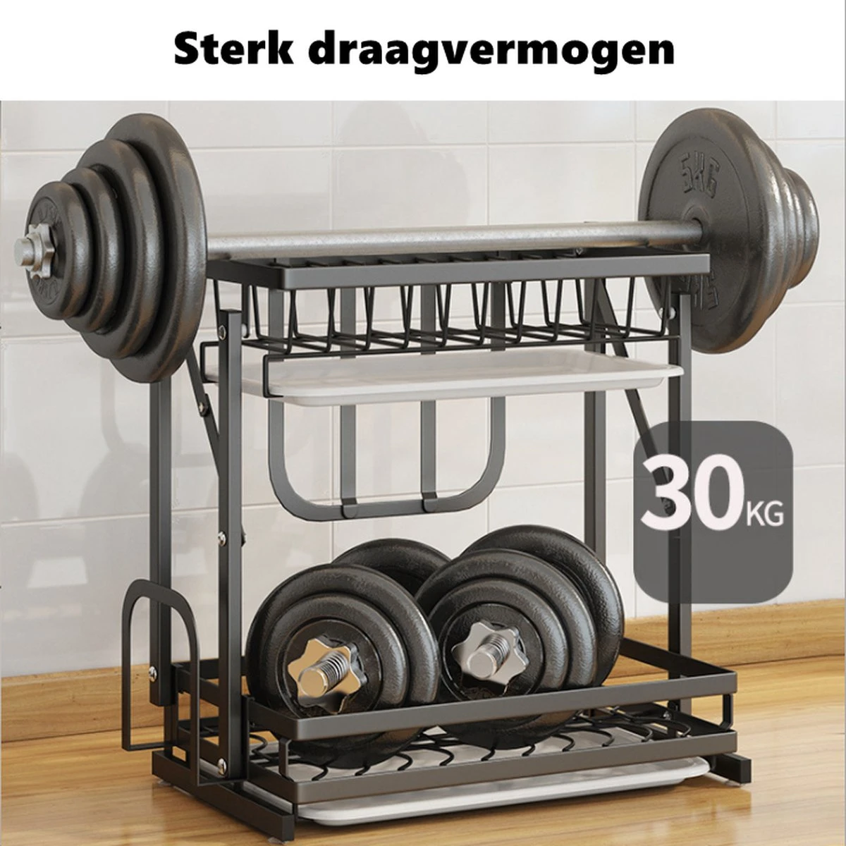 Doogo® Afdruiprek Met Lekbak 2 Laags – Inklapbaar - Muur Hangen Mogelijke - Afwasrek – Met 2 Lekbakken – Extra Accessories Voor Servies En Snijplanken - RVS - Image 3