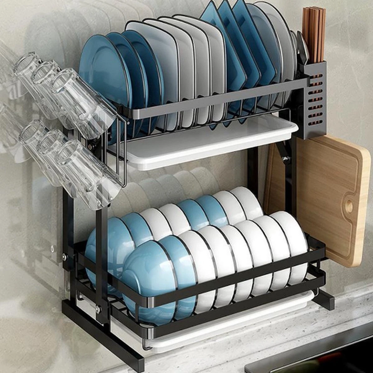 Doogo® Afdruiprek Met Lekbak 2 Laags – Inklapbaar - Muur Hangen Mogelijke - Afwasrek – Met 2 Lekbakken – Extra Accessories Voor Servies En Snijplanken - RVS - Image 8