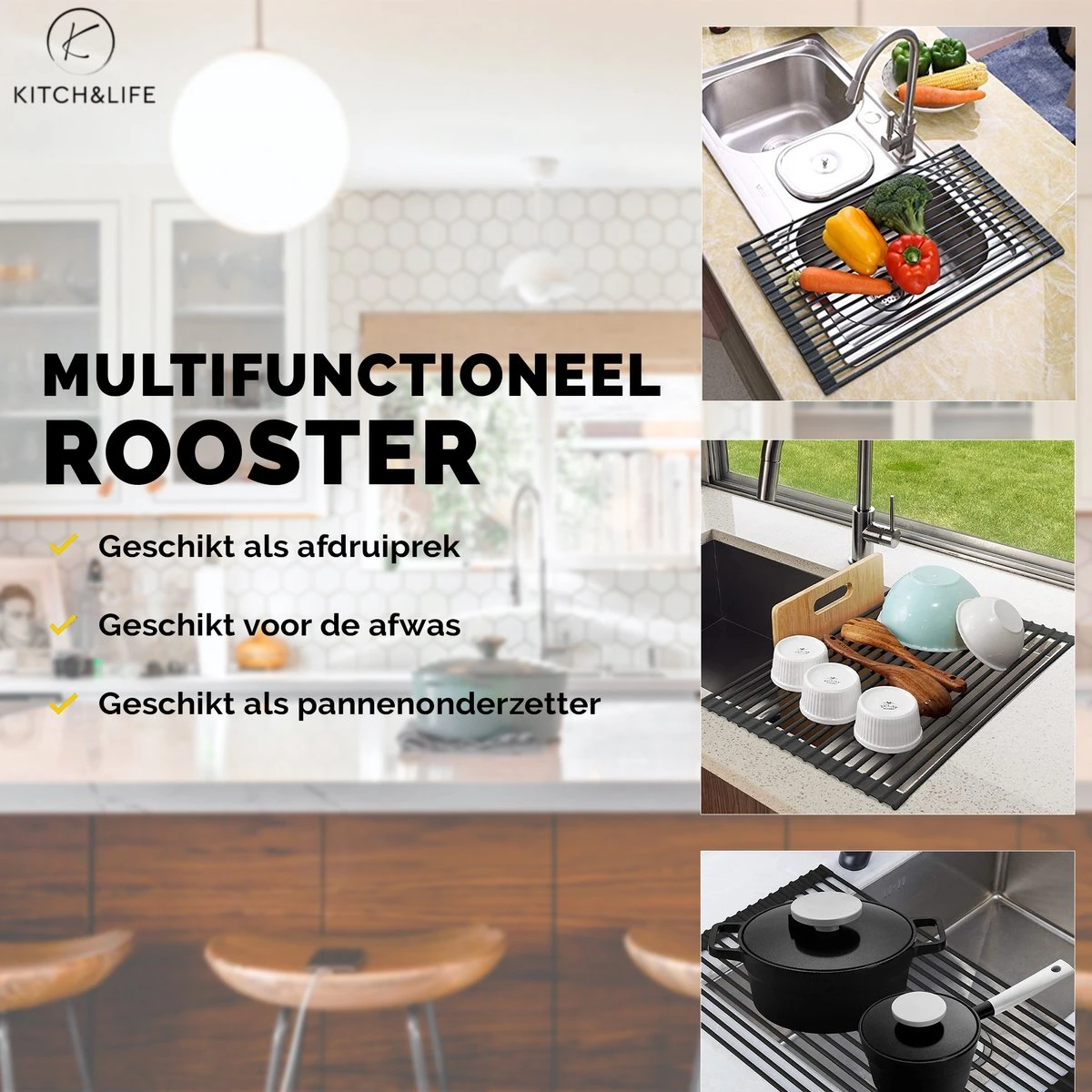 Kitch&Life Afdruiprek Oprolbaar - Mat Zwart - Pannenonderzetter - Afdruipmat - Keukenrek 3-in-1 - Image 3