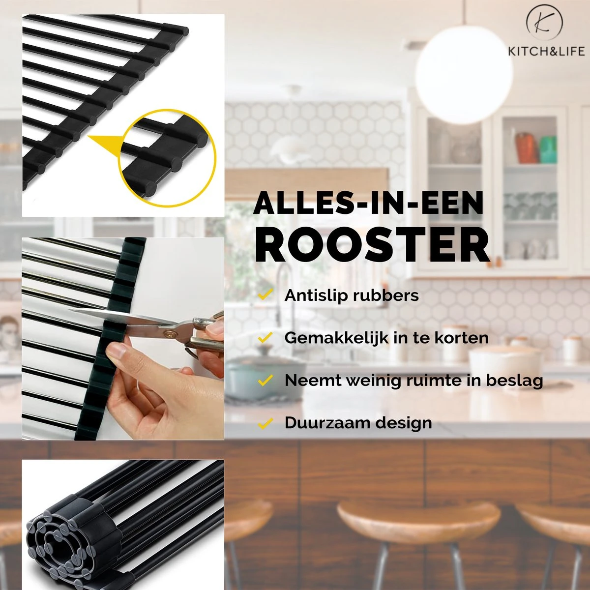 Kitch&Life Afdruiprek Oprolbaar - Mat Zwart - Pannenonderzetter - Afdruipmat - Keukenrek 3-in-1 - Image 4