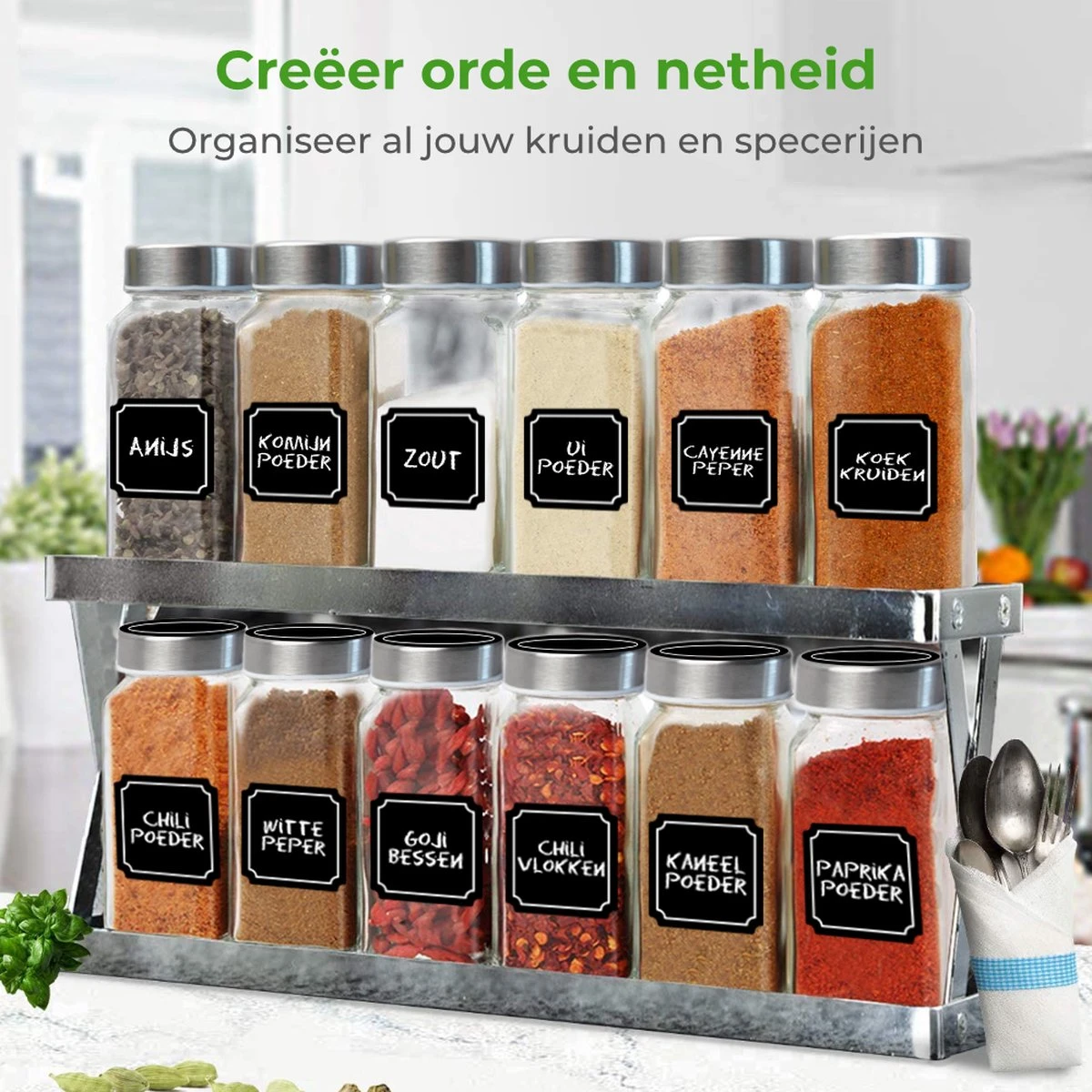 Soothe 48 Glazen Kruidenpotjes Set Met 2 Soorten Strooideksels – Kruidenstrooier – Compleet Pakket Incl Kruidenpotjes Stickers, Krijtstift En Accessoires - Image 2