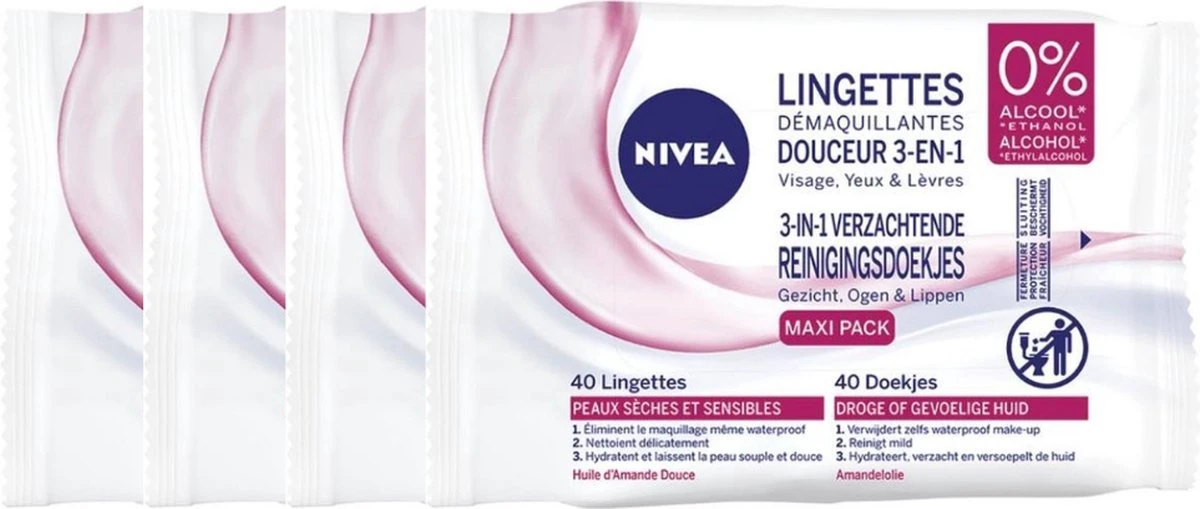 Nivea 3 In 1 Verzachtende Reinigingsdoekjes - Droge En Gevoelige Huid - Zonder Alcohol - 4 X 40 Stuks