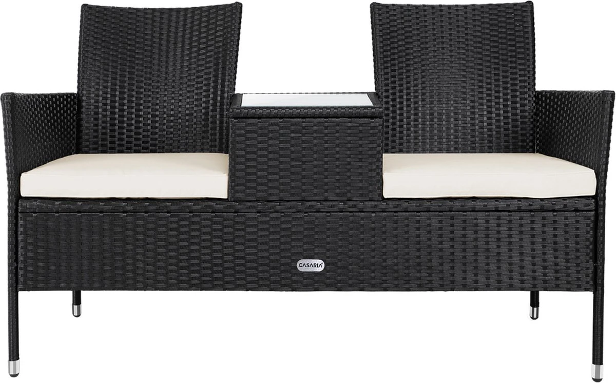 Casaria Polyrattan Tuinbank - Incl. Kussen - 143x55x88 Cm Zwart