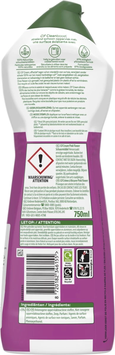 Cif CleanBoost Cream Pink Schuurmiddel - 8 X 750 Ml - Voordeelverpakking - Image 6