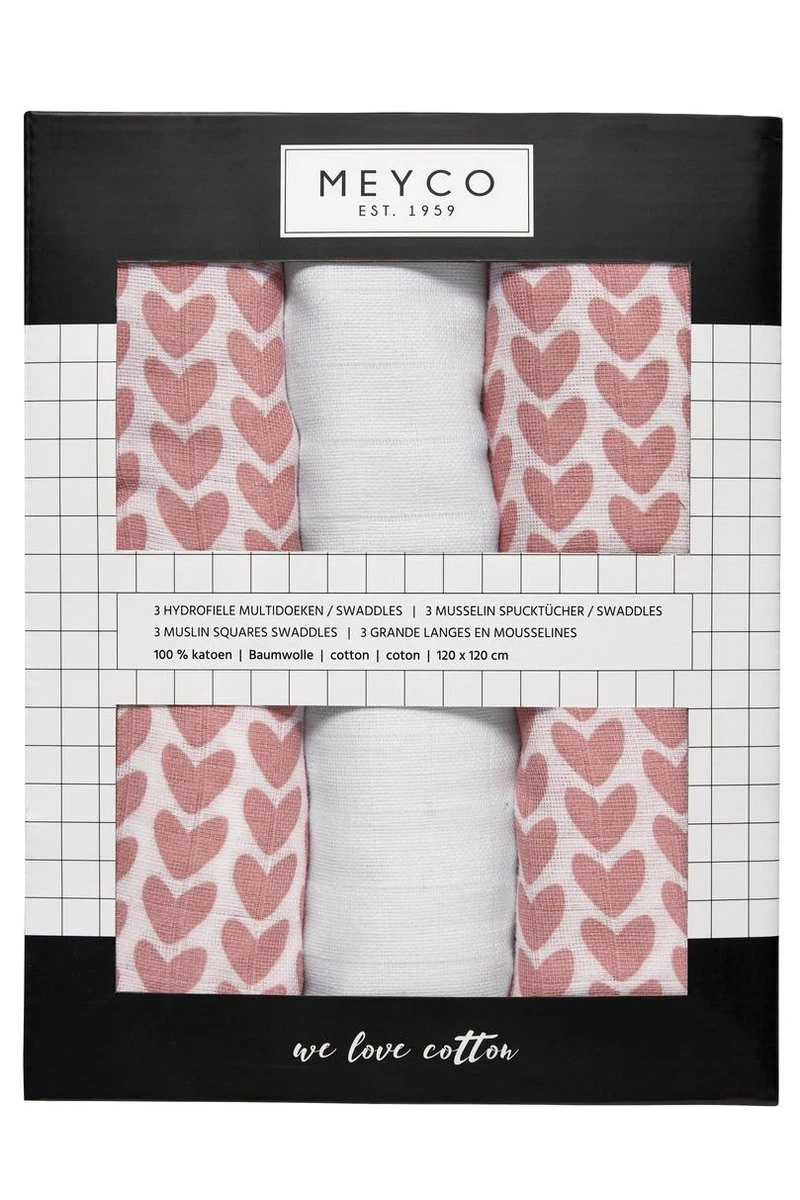 Meyco Knitted Heart Swaddle - 3-pack - Hydrofiel - Pink - 120x120cm - Image 5