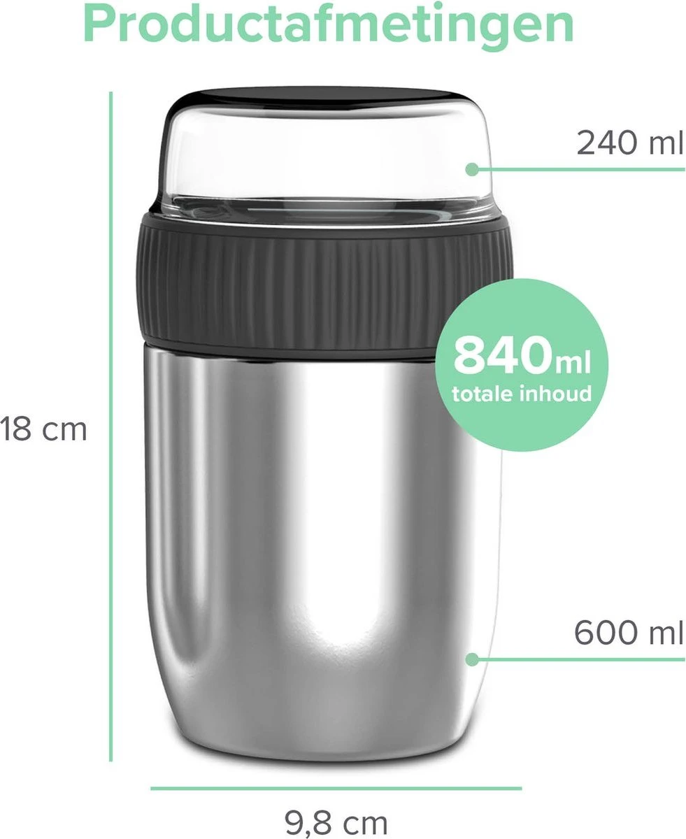 Coninx Thermos Lunchbox - Muesli Beker To Go - Isoleer Lunchpot - Yoghurtbeker To Go - Mueslibeker 840ml (600ml+240ml) - RVS - Image 3